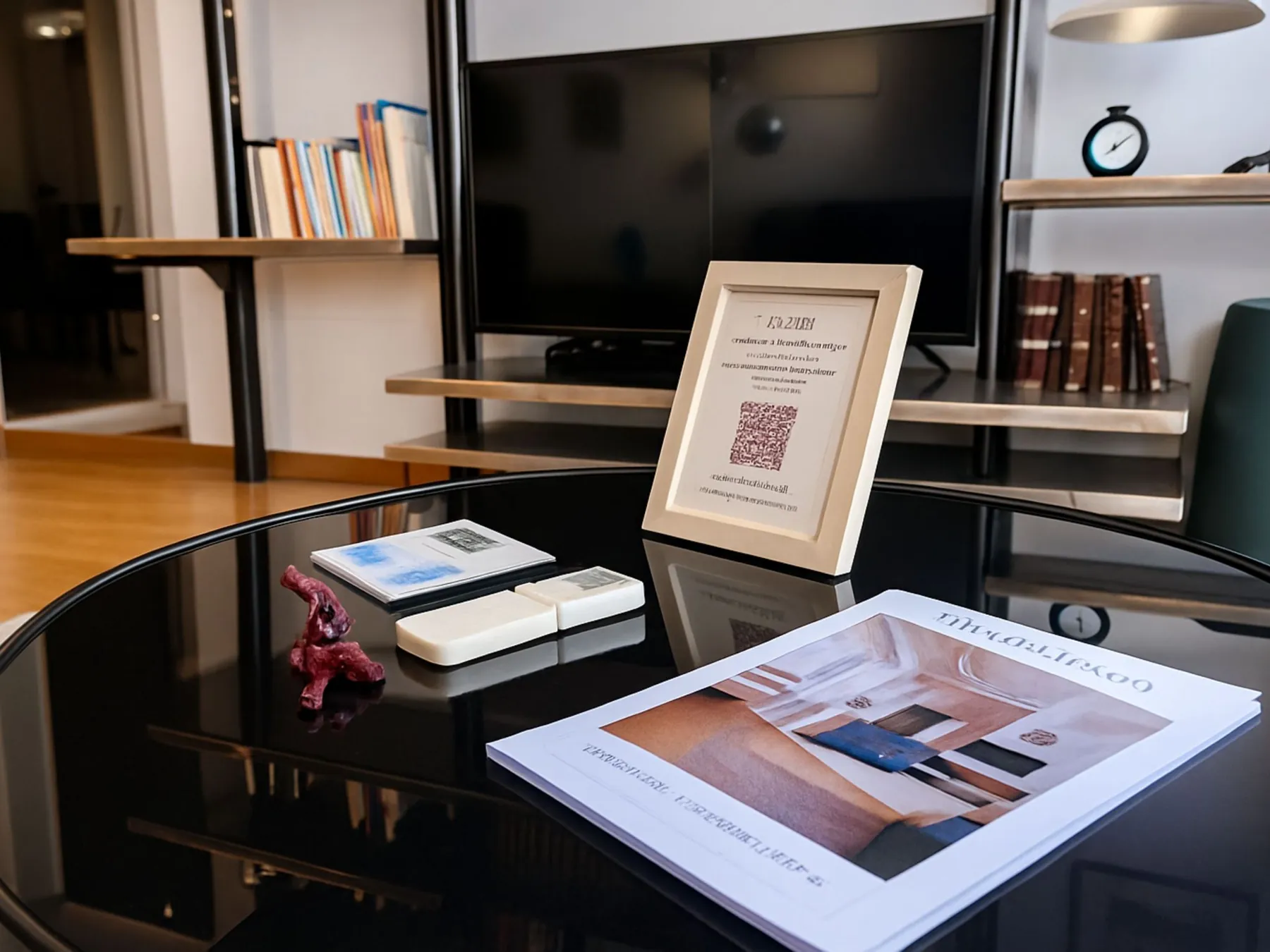 Glass coffee table with welcome guide