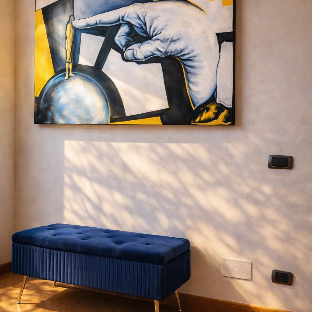 Upholstered bench and contemporary artwork