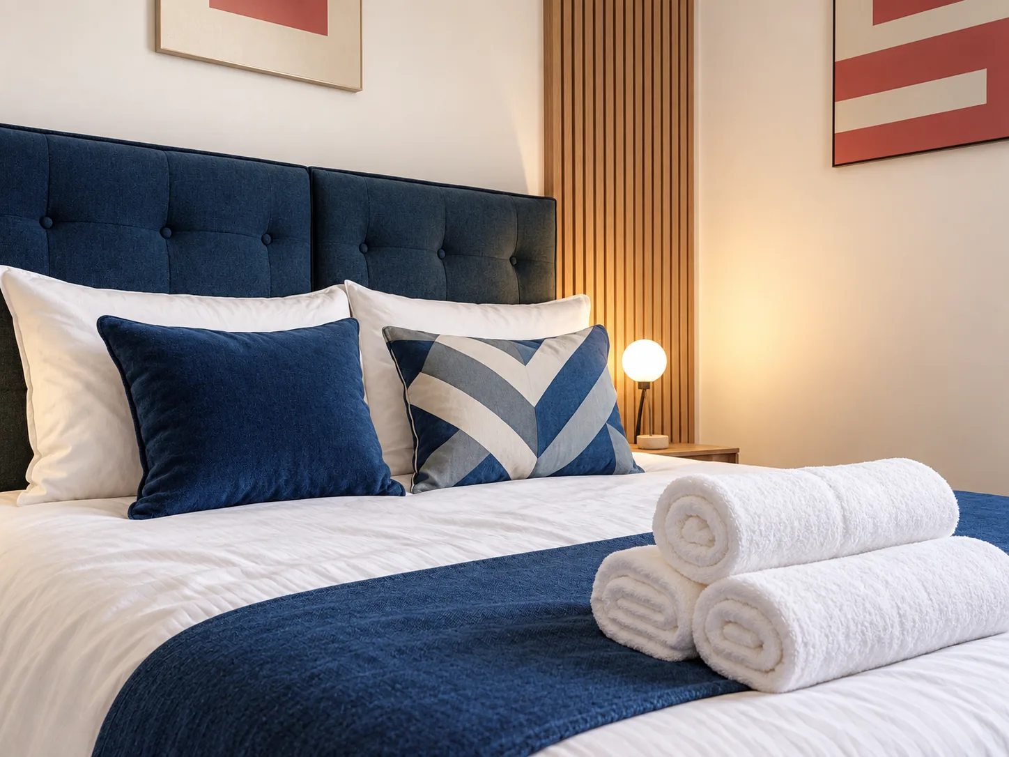 King-size bed with blue cushions and towels