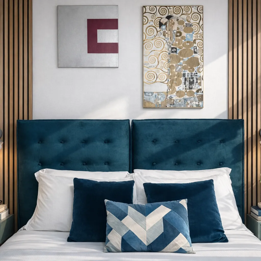 Bed with artworks on the walls