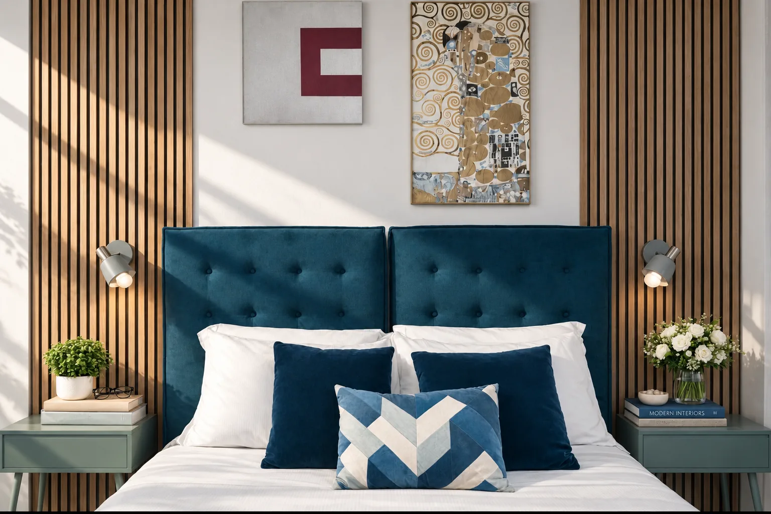 Bedroom with wood panelling and warm lights