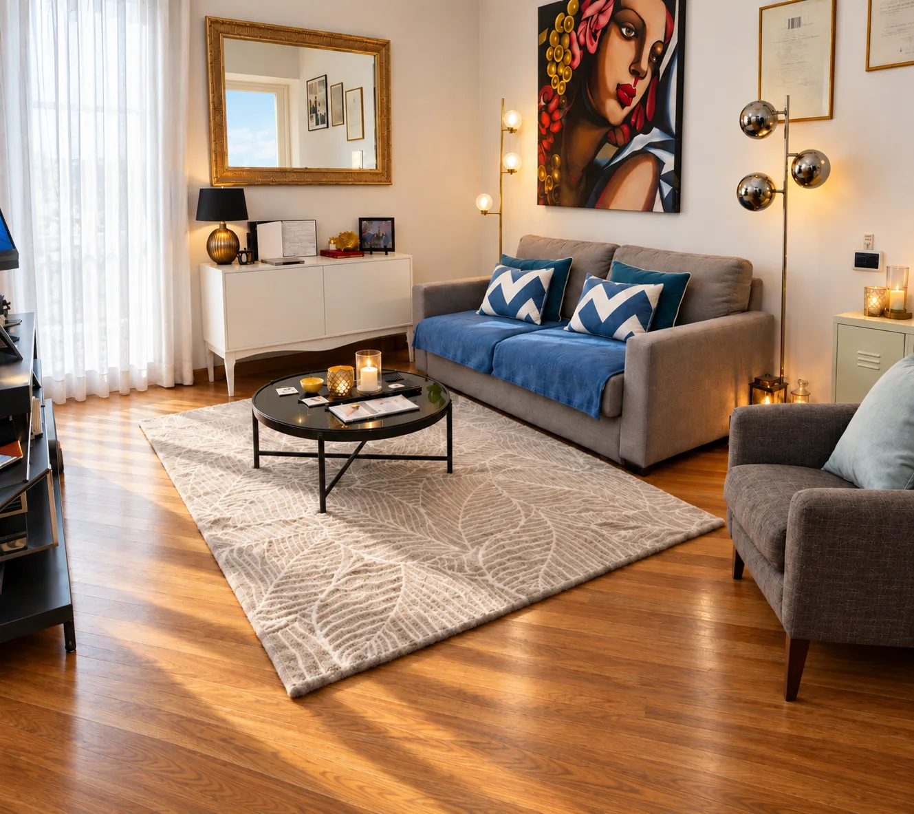 Living room with sofa bed, rug and artwork