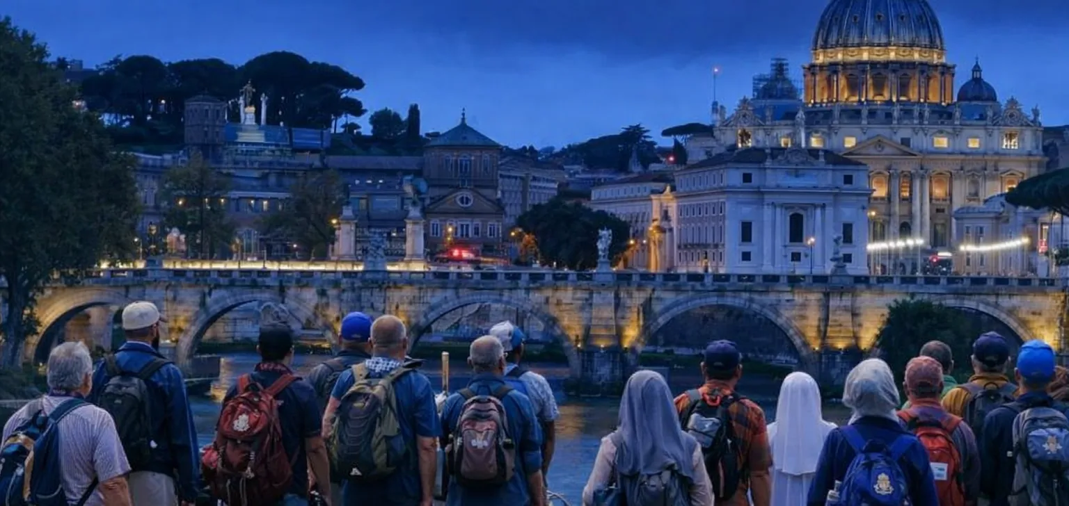 St. Peter’s lit up at dusk seen from the Tiber